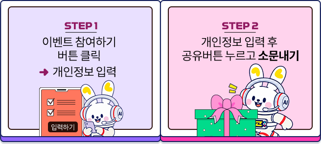 STEP 1 : 이벤트 참여하기 버튼 클릭, 개인정보 입력. STEP 2 : 개인정보 입력 후 공유버튼 누르고 소문내기