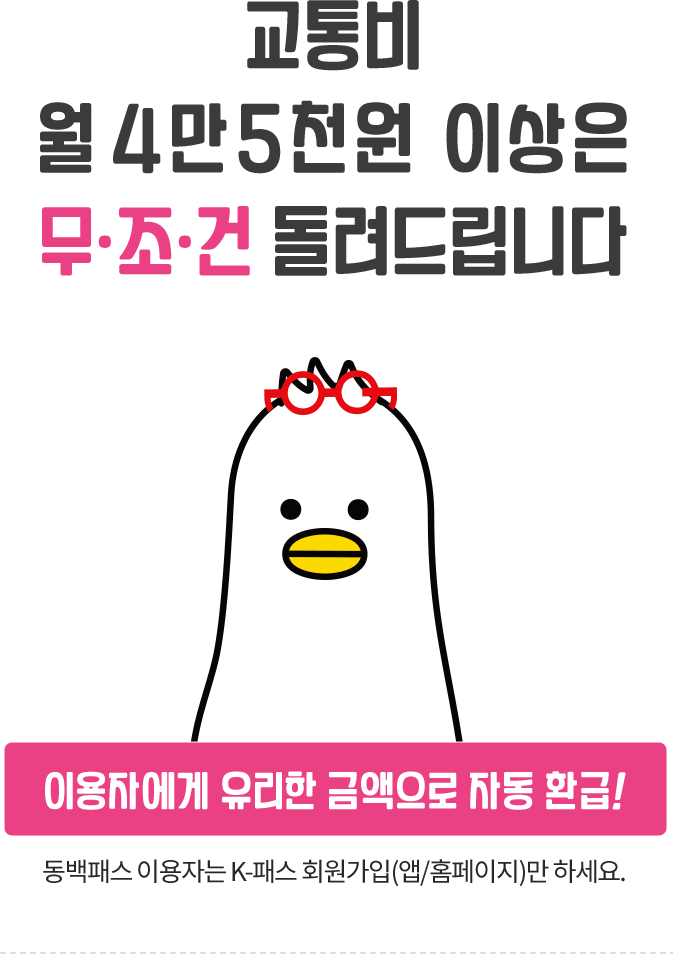 
						교통비 월 4만 5천원 이상은 무조건 돌려드립니다 !
						이용자에게 유리한 금액으로 자동 환급!
						동백패스 이용자는 K-패스 회원가입(앱/홈페이지)만 하세요.
					