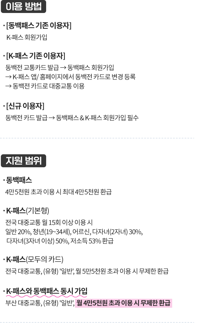 
						[이용방법]
						동백패스 기존 이용자 : K-패스 회원가입
						K-패스 기존 이용자 : 동백전 교통카드 발급 → 동백패스 회원가입 → K-패스 앱/홈페이지에서 동백전 카드로 변경등록 → 동백전 카드로 대중교통 이용
						신규 이용자 : 동백전 카드 발급 → 동백패스 & K-패스 회원가입 필수
					