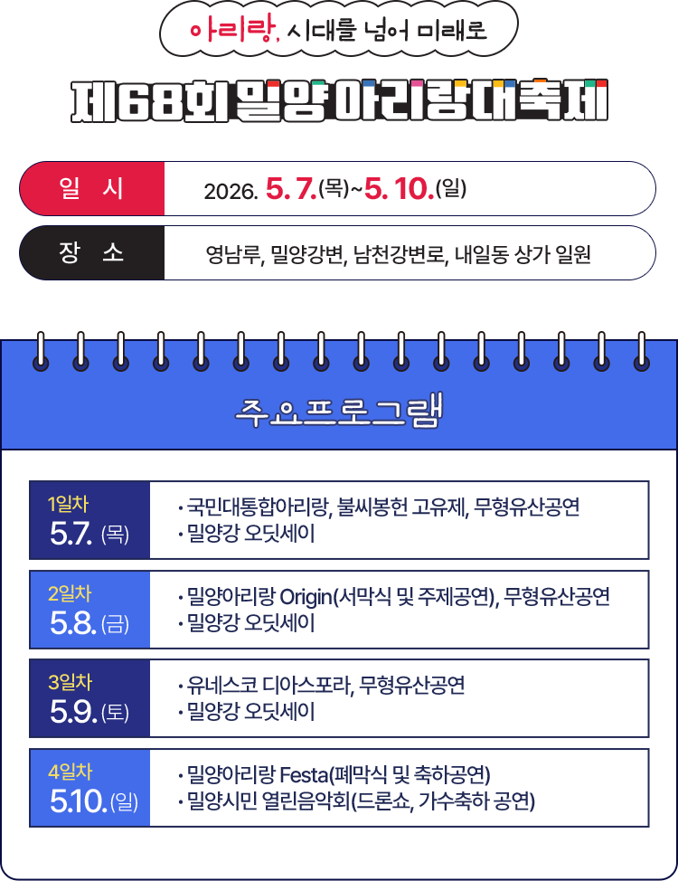 
					[아리랑, 시대를 넘어 미래로]
					제 68회 밀양 아리랑 대축제
					일시 - 2026.05.07(목) ~ 05.10(일)
					장소 - 영남루, 밀양강변, 남천강변로, 내일동 상가 일원
					
					[주요프로그램]
					1일차 : 5월 7일 (목) - 국민 대통합 아리랑 · 불씨봉헌 고유제 ·  무형유산공연 · 밀양강 오딧세이
					2일차 : 5월 8일 (금) - 밀양 아리랑 Origin(서막식 및 주제공연) · 무형유산공연 · 밀양강 오딧세이
					3일차 : 5월 9일 (토) - 유네스코 디아스포라 · 무형유산공연 · 밀양강 오딧세이
					4일차 : 5월 10일 (일) - 밀양아리랑 Festa (폐막식 및 축하공연) · 밀양시민 열린음악회(드론쇼 · 가수축하공연)
				