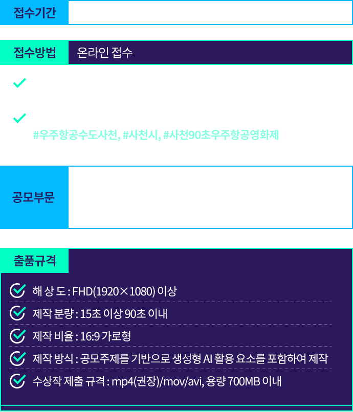 접수기간 및 출품규격. 접수기간: 2026년 7월 1일 수요일부터 8월 6일 목요일 18시까지. 접수방법: 온라인 접수. 제출서류: 참가신청서, 출품작 설명서, 개인정보 수집 이용 및 제3자 제공 동의서, 서약서. 제출방법: 유튜브 또는 인스타그램 영상 업로드 URL 제출, 우주항공수도사천, 사천시, 사천90초우주항공영화제 해시태그 포함. 공모부문: 90초 이내 단편 영상 콘텐츠, 16:9 가로형. 출품규격: FHD 1920x1080 이상, 15초 이상 90초 이내, 16:9 가로형, 생성형 AI 활용 요소 포함, mp4 권장, mov, avi 가능, 700MB 이내.