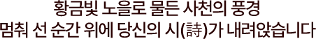 
							황금빛 노을로 물든 사천의 풍경
							멈춰 선 순간 위에 당신의 시(詩)가 내려앉습니다
						