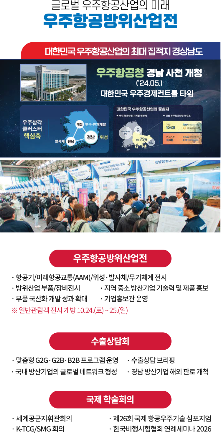 글로벌 우주항공산업의 미래, 우주항공방위산업전. 항공기·미래항공교통·위성·발사체·무기체계 전시, 방위산업 부품 및 장비 전시. 일반관람객 전시 개방 10월 24일부터 25일까지. 수출상담회 및 국제 학술회의 개최.