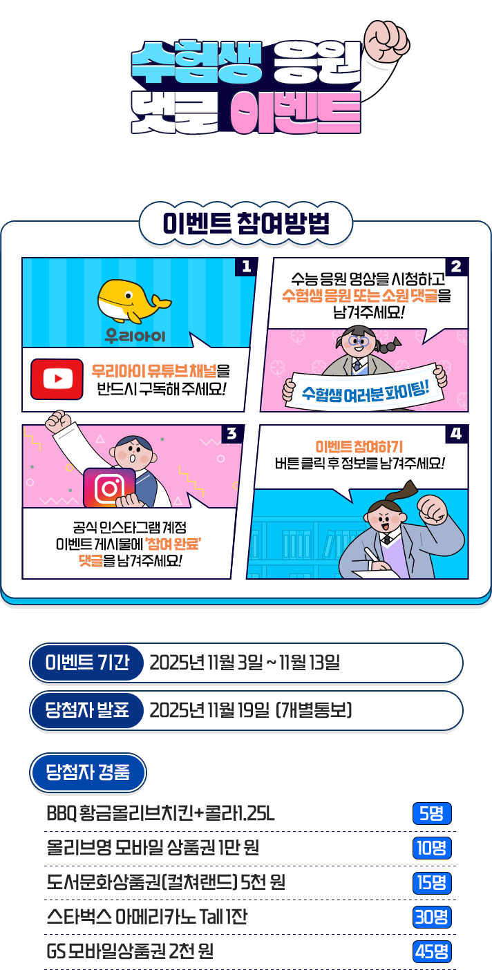 
					[수험생 응원 댓글 이벤트]
					힘!이 되는 댓글로 수험생을 응원해주세요!
					1. 우리아이 유튜브 채널을 반드시 구독해주세요!
					2. 수능 영상을 시청하고, 수험생 응원 또는 소원 댓글을 남겨주세요.
					3. 공식 인스타계정 이벤트 게시물에 참여완료 댓글을 남겨주세요.
					4. 이벤트 참여하기 버튼 클릭 후 정보를 남겨주세요!
					
					이벤트 기간 - 2025년 11월 3일 ~ 11월 13일
					당첨자 발표 - 2025년 11월 19일 (개별통보)
					당첨자 경품
					BBQ 황금 올리브 치킨 + 콜라 1.25L - 5명
					올리브영 모바일 상품권 1만원 - 10명
					도서문화상품권(컬쳐랜드) 5천원 - 15명
					스타벅스 아메리카노 Tall 1잔 - 30명
					GS 모바일 상품권 2천원 - 45명
					