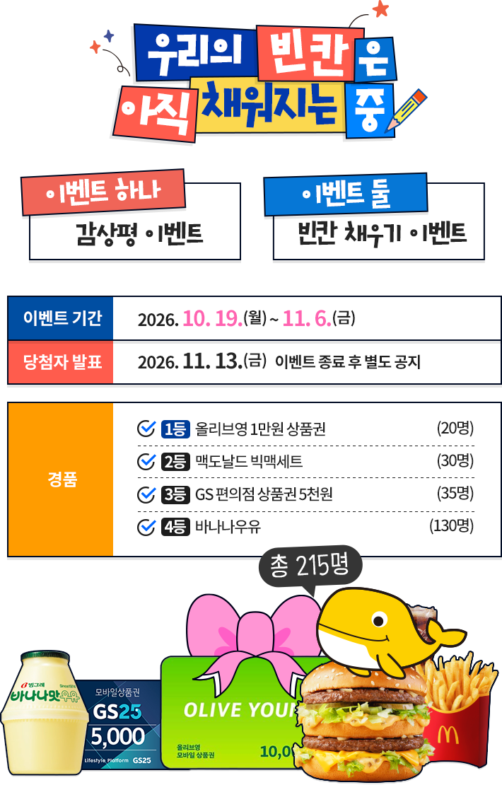 당첨자 발표 2026년 11월 13일. 올리브영 1만원 상품권 20명, 맥도날드 빅맥세트 30명, GS 편의점 5천원 상품권 40명, 바나나우유 130명. 총 220명.