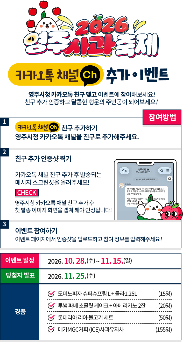 2026 영주 사과축제 카카오톡 채널 추가 이벤트. 참여 방법: 1. 영주시청 카카오톡 채널 친구 추가하기. 2. 친구 추가 후 처음 발송되는 이미지 화면을 캡처하기. 3. 인증샷과 참여 정보를 입력하기. 이벤트 기간은 2026년 10월 28일부터 11월 15일까지, 당첨자 발표는 11월 25일입니다. 경품: 도미노피자 슈퍼슈프림 L과 콜라 15명, 투썸 파베 초콜릿 케이크와 아메리카노 2잔 20명, 롯데리아 리아 불고기 세트 50명, 메가MGC커피 아이스 사과유자차 155명.